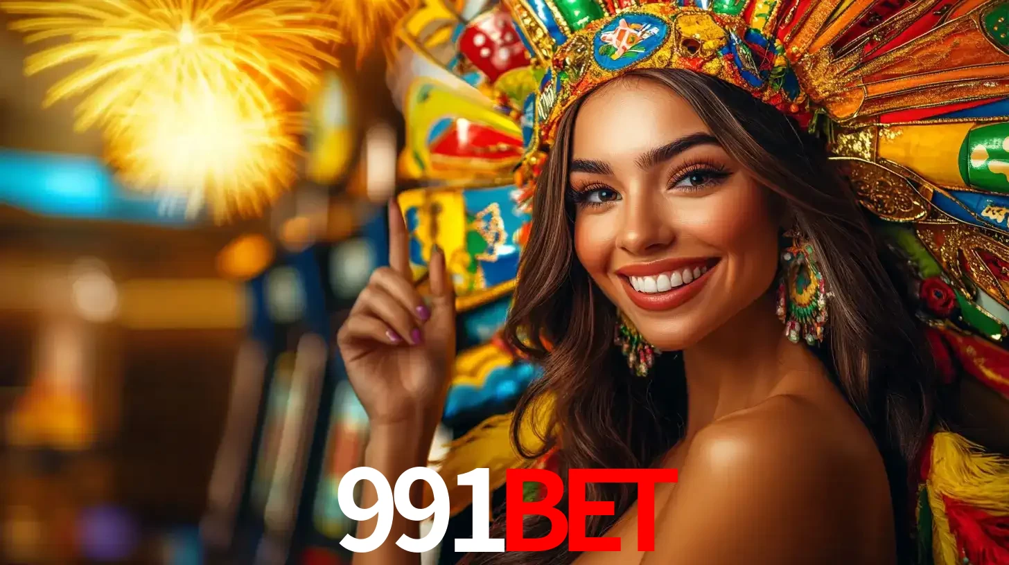 Mulher sorridente com um cocar de carnaval vibrante e colorido, celebrando uma grande vitória nos jogos do cassino 991bet com fogos de artifício ao fundo.