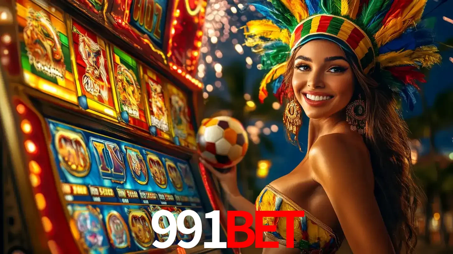 Mulher com um cocar de carnaval ao lado de uma máquina de caça-níqueis enquanto segura uma bola de futebol, mostrando a união da diversão de cassino e esportes no 991bet.