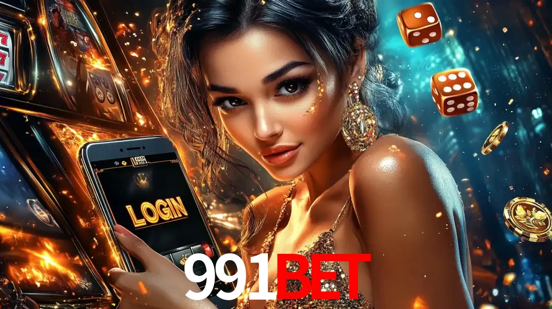 Mulher glamourosa segurando um celular com a tela de login do cassino 991bet, rodeada por dados e moedas douradas, pronta para começar a diversão.