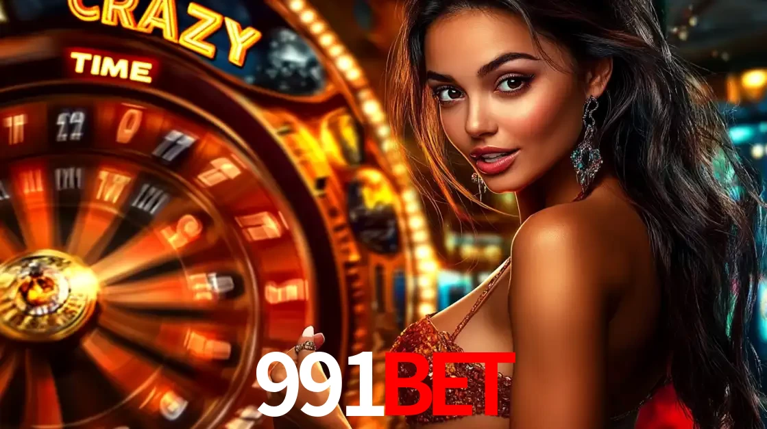 Mulher ao lado da roda de prêmios do jogo de cassino ao vivo Crazy Time, um dos shows de jogos mais emocionantes oferecidos pela plataforma de apostas 991bet.