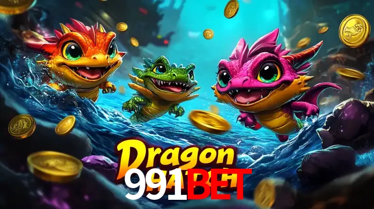 Arte promocional do jogo Dragon Hatch com três adoráveis dragões bebês nadando entre moedas de ouro, um dos slots mais divertidos para jogar no cassino 991bet.