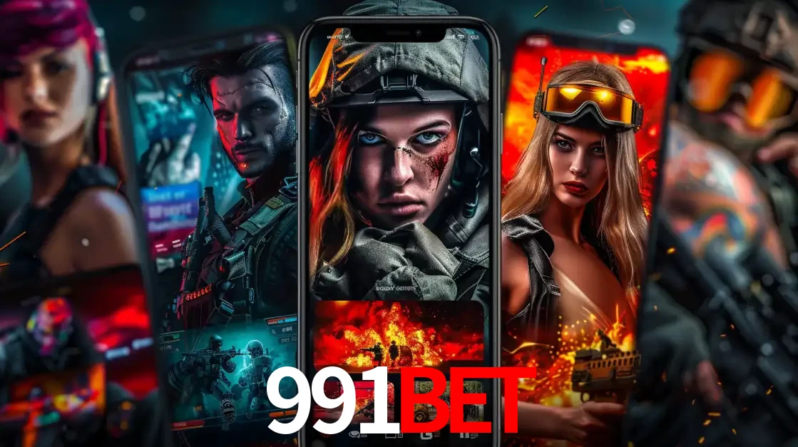 Montagem de telas de celular mostrando diversos personagens, masculinos e femininos, de um jogo de tiro, ilustrando a diversidade de equipes de e-sports para apostar no 991bet.