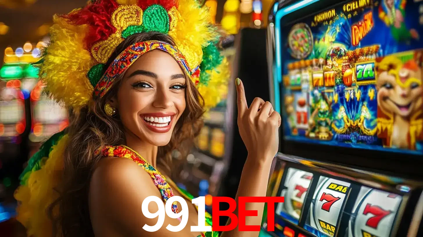 Mulher animada com um cocar de carnaval apontando para uma máquina de caça-níqueis, mostrando a emoção de ganhar um grande prêmio nos jogos do 991bet.