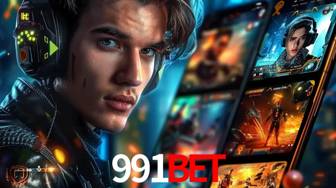 Jovem jogador com fones de ouvido olhando para a câmera, com um aplicativo de jogos e e-sports para celular ao fundo, pronto para a competição e apostas no 991bet.