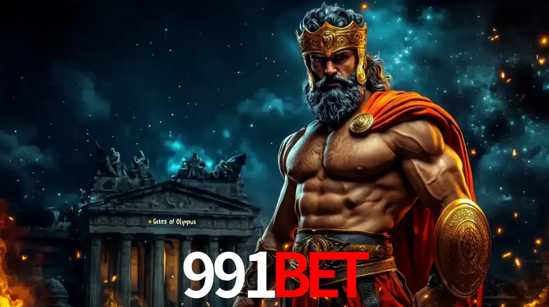 O poderoso Zeus do jogo de slot Gates of Olympus em frente ao seu templo, pronto para lançar multiplicadores divinos e prêmios épicos no cassino online 991bet.