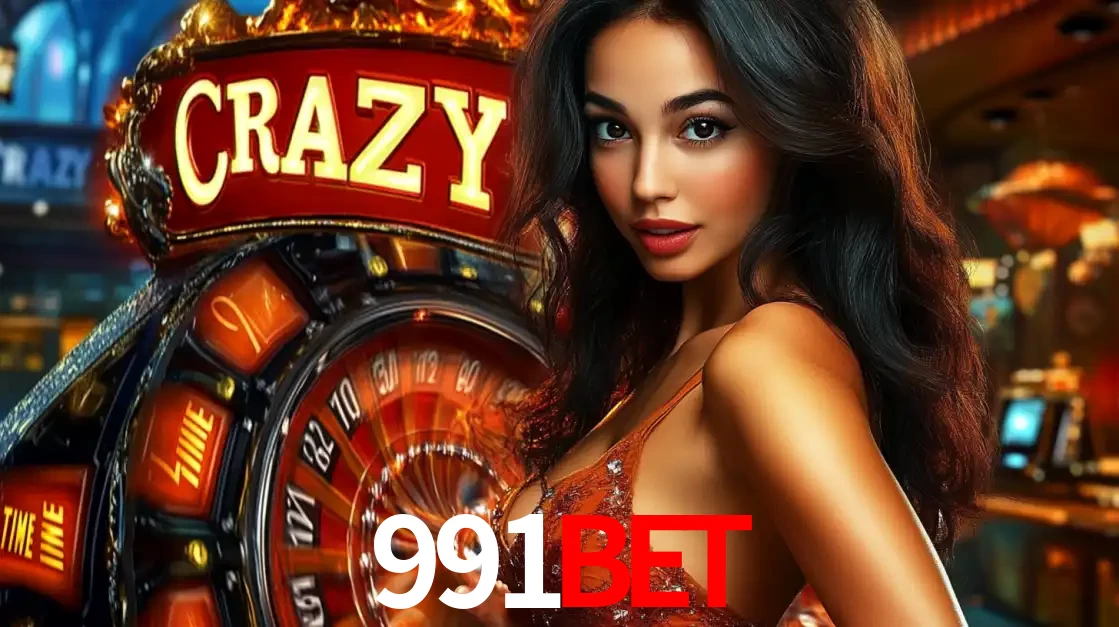 Mulher glamourosa olhando para a câmera com a roda vermelha do Crazy Time ao fundo em um ambiente de cassino, destacando a emoção dos jogos ao vivo no 991bet.