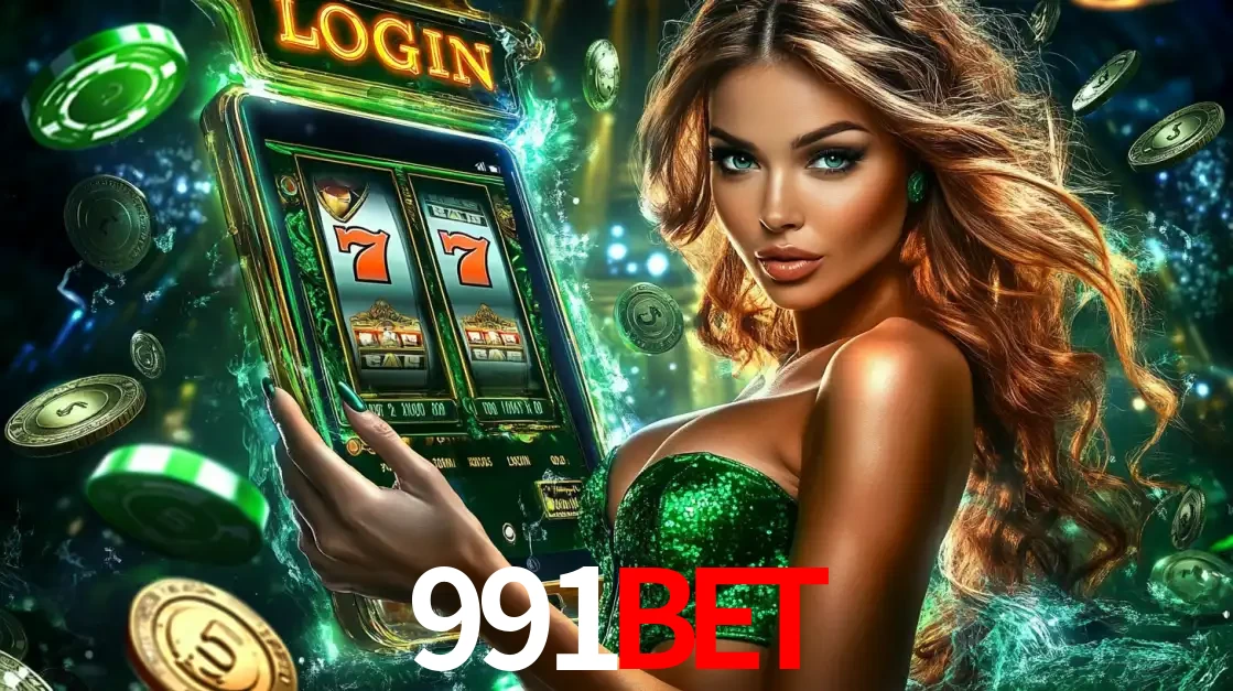 Mulher com tema verde apresentando o aplicativo do cassino 991bet com um jogo de slot de 777, cercada por fichas de cassino e uma aura de sorte.