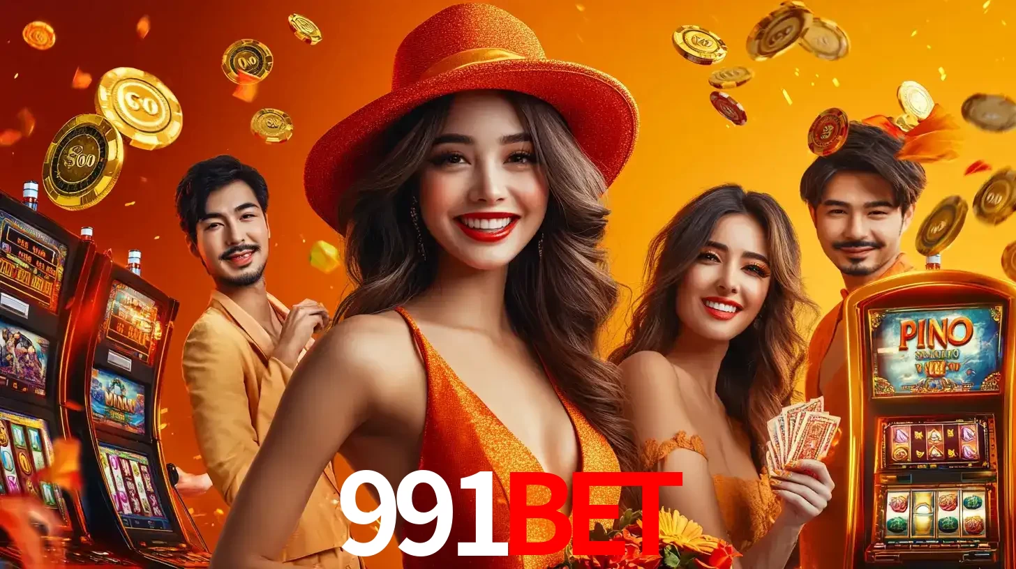 Grupo de amigos asiáticos sorrindo e se divertindo com máquinas de caça-níqueis em um ambiente festivo, celebrando suas vitórias nos jogos de cassino do 991bet.