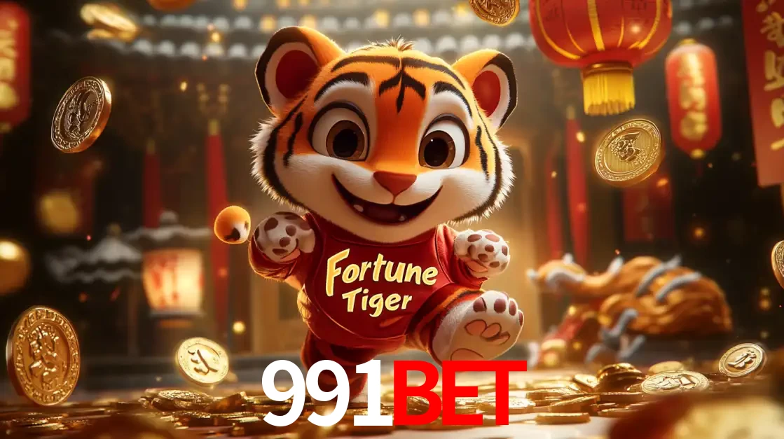 O alegre personagem do Fortune Tiger correndo sobre um caminho de moedas de ouro, simbolizando os grandes prêmios e a diversão do popular jogo de slot do 991bet.