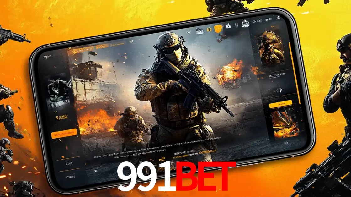 Um smartphone exibindo a interface de um jogo de tiro em primeira pessoa, com um soldado em um cenário de batalha, representando a ação dos e-sports para apostar no 991bet.