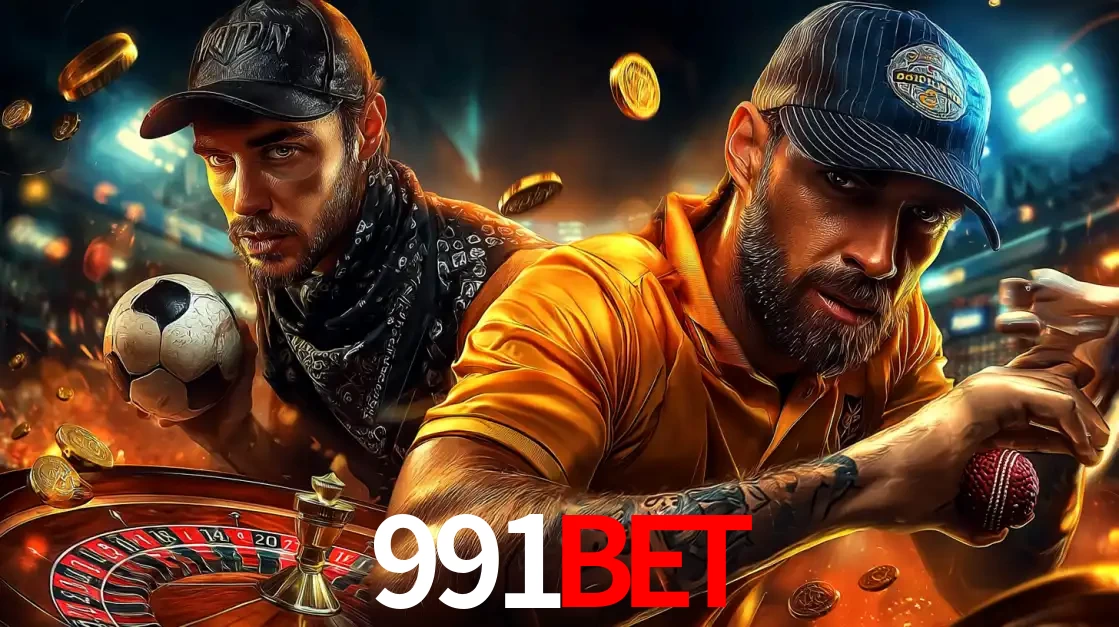 Montagem de apostas esportivas e cassino no 991bet, com um homem segurando uma bola de futebol e outro uma de beisebol sobre uma roleta e moedas voadoras.
