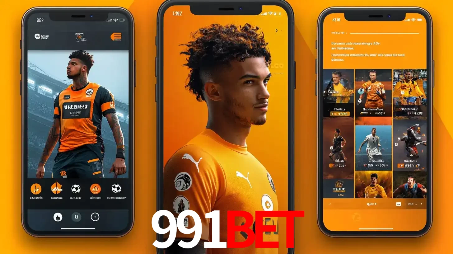 Interface do aplicativo de apostas esportivas 991bet em três telas de celular, mostrando o perfil de um jogador de futebol e a lista de jogos disponíveis para apostar.