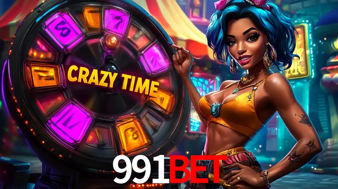 Mulher estilizada com cabelo azul e visual vibrante posando ao lado da roda de prêmios do game show Crazy Time, convidando para a diversão e os bônus do cassino 991bet.