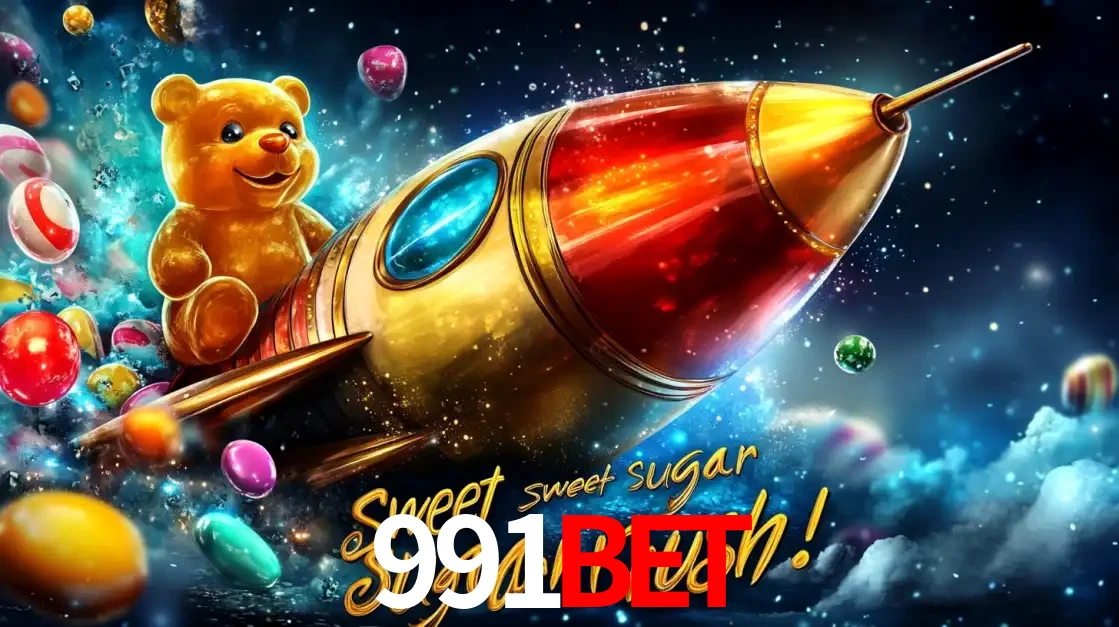 Arte promocional do jogo de slot Sugar Rush, com um urso de pelúcia em um foguete viajando pelo espaço de doces, um dos jogos divertidos disponíveis no cassino 991bet.
