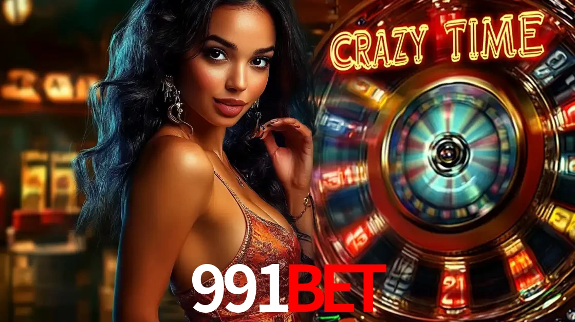 Mulher elegante ao lado da vibrante roda da fortuna do jogo de cassino ao vivo Crazy Time, um dos game shows mais populares e cheios de prêmios do 991bet.