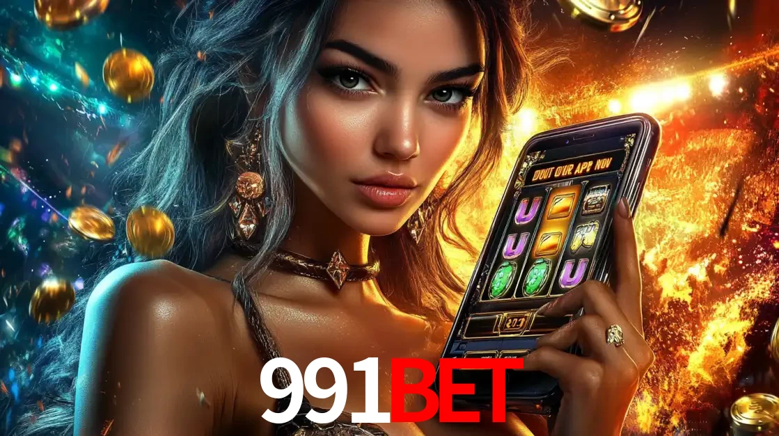 Mulher elegante mostrando um jogo de caça-níqueis em seu smartphone, destacando a experiência de cassino móvel oferecida pelo aplicativo 991bet.