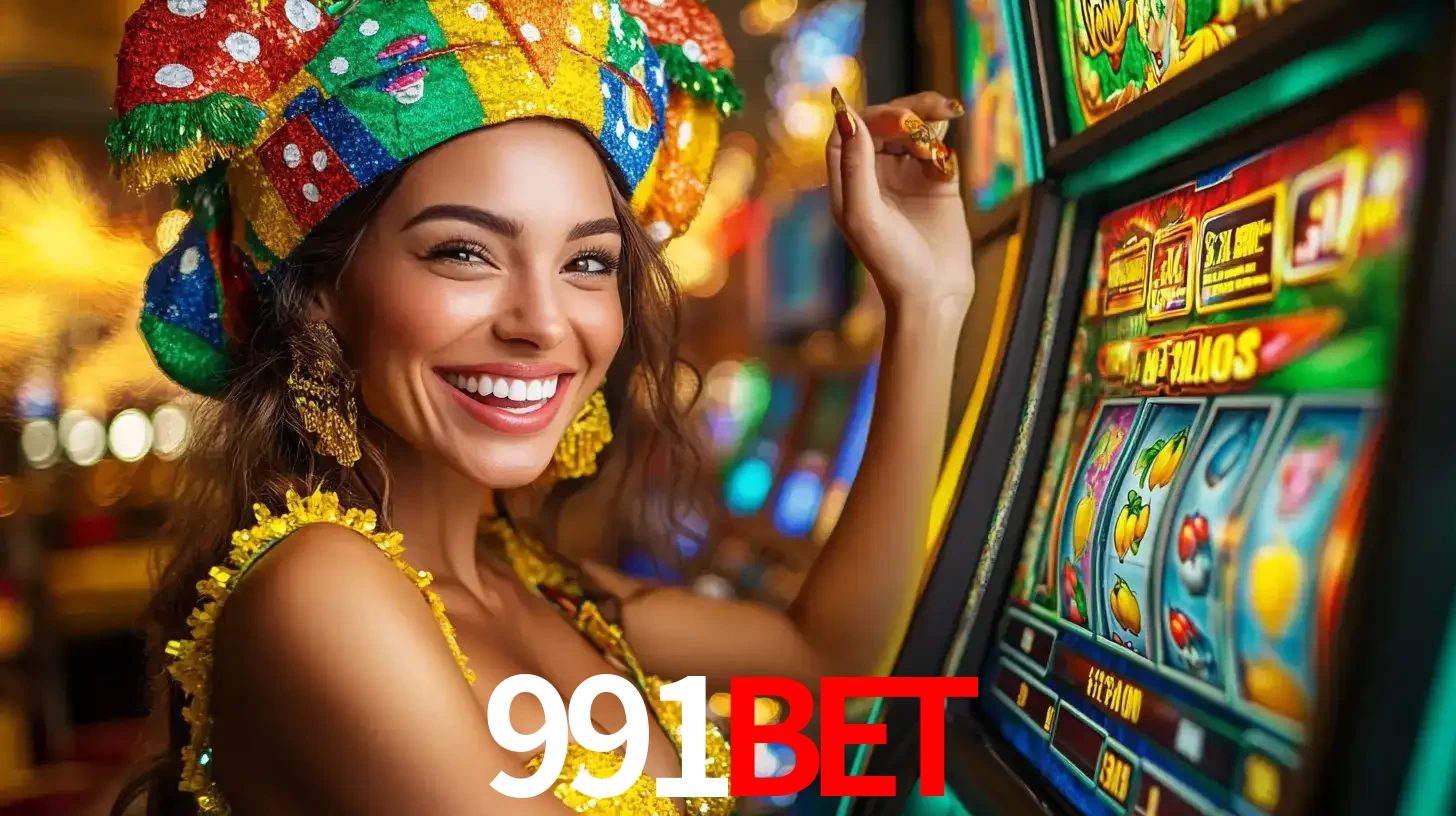 Mulher feliz com traje de carnaval amarelo e colorido ao lado de uma máquina de caça-níqueis, aproveitando a diversão e os jogos temáticos do cassino 991bet.