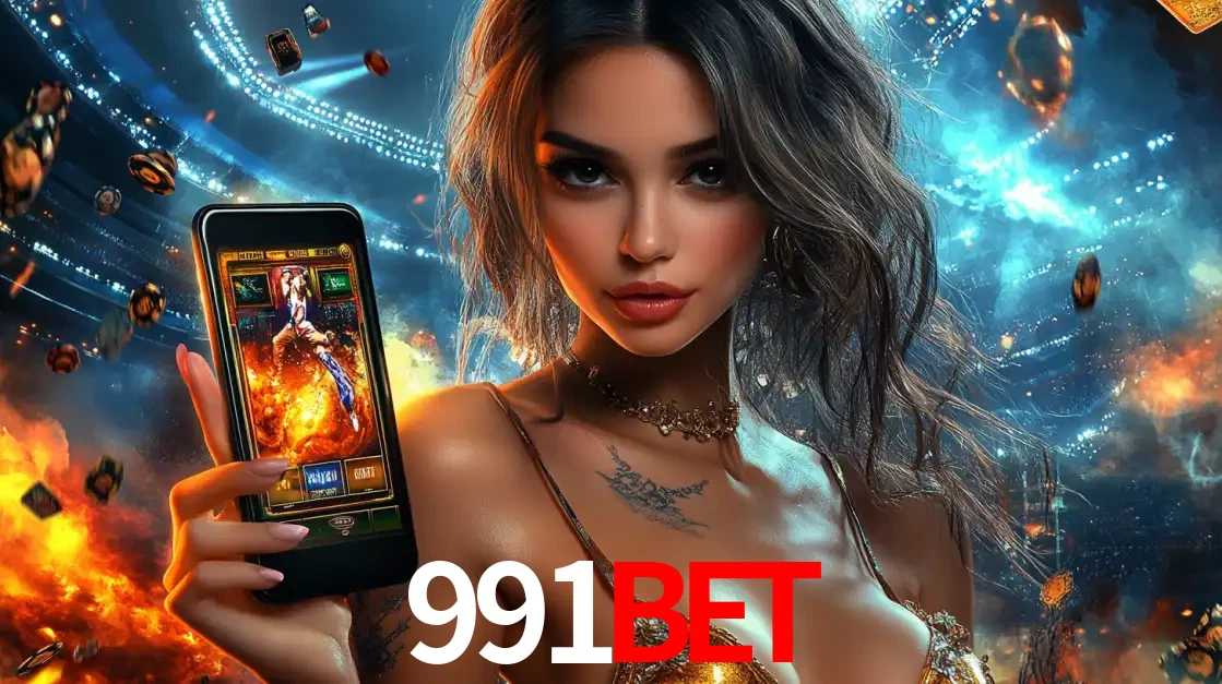 Mulher segurando um celular com um jogo de slot em destaque, tendo como fundo um estádio vibrante, simbolizando a emoção de jogar no cassino móvel 991bet.