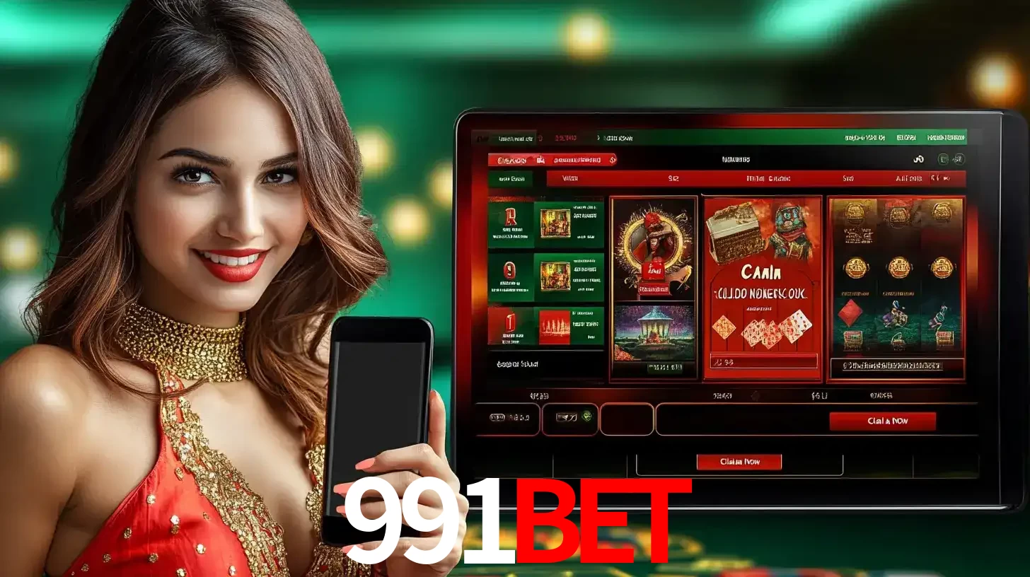 Mulher sorridente segurando um smartphone, ao lado de uma tela exibindo o lobby de jogos do cassino online 991bet, com várias opções de jogos de cartas e slots.